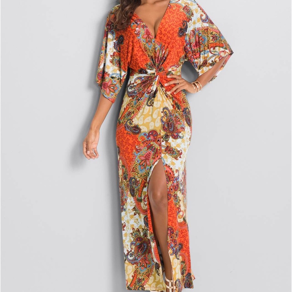 Orange Paisley Knot-Front Maxi Dress